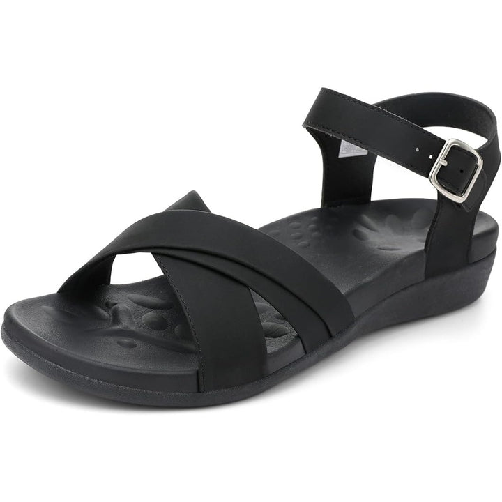Utenag Womens Size 9.5 Black Open Toe Buckle Strap Comfort Flat Walking Sandals