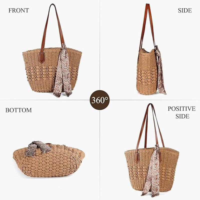 New Trifabricy (no sash) Tan Woven Straw Double Handle Shoulder Purse Handbag