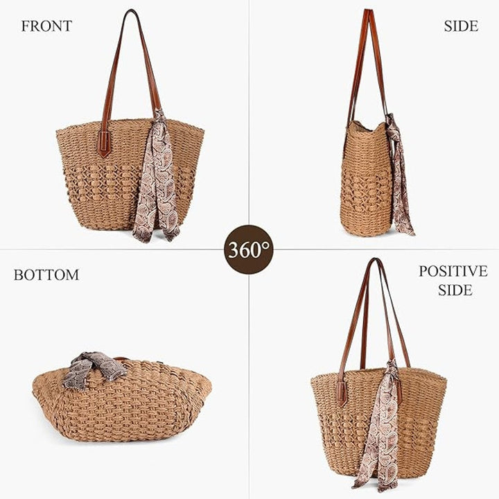 New Trifabricy (no sash) Tan Woven Straw Double Handle Shoulder Purse Handbag