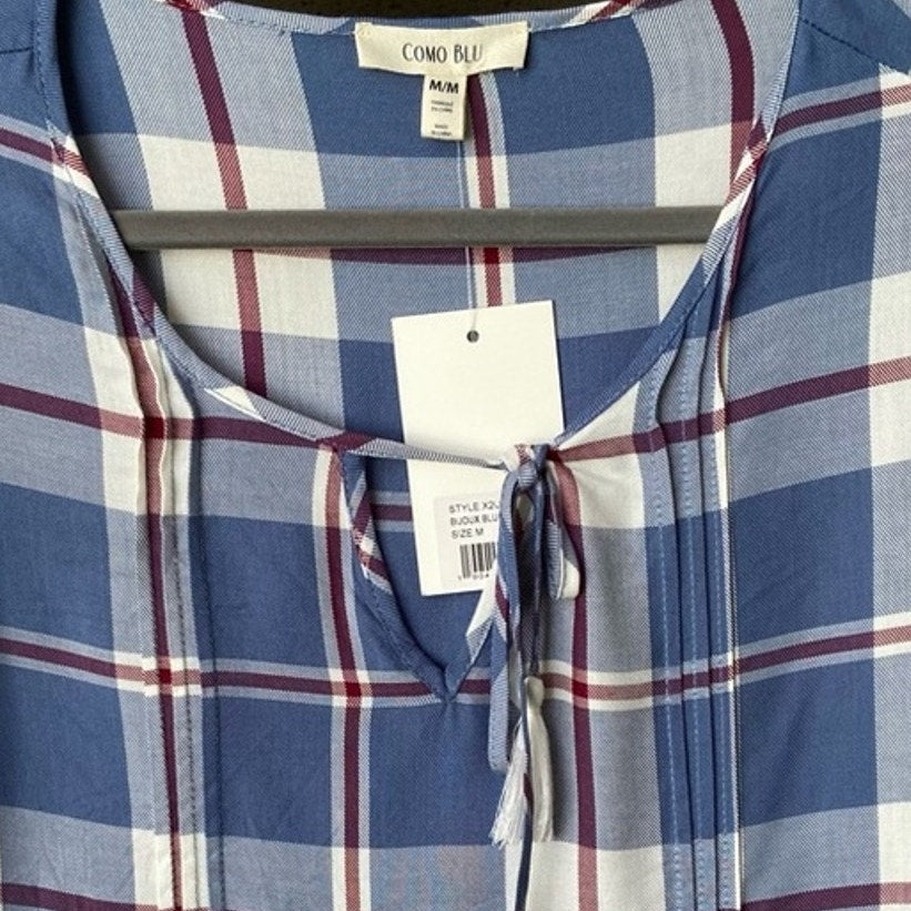 NWT New Como Blu Womens Medium Blue Plaid Half Bell Sleeve Rayon Front Tie Top
