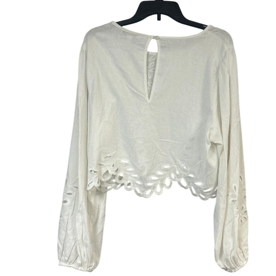 New Francescas Womens XL White Scalloped Edge Long Sleeve Linen Blend Crop Top