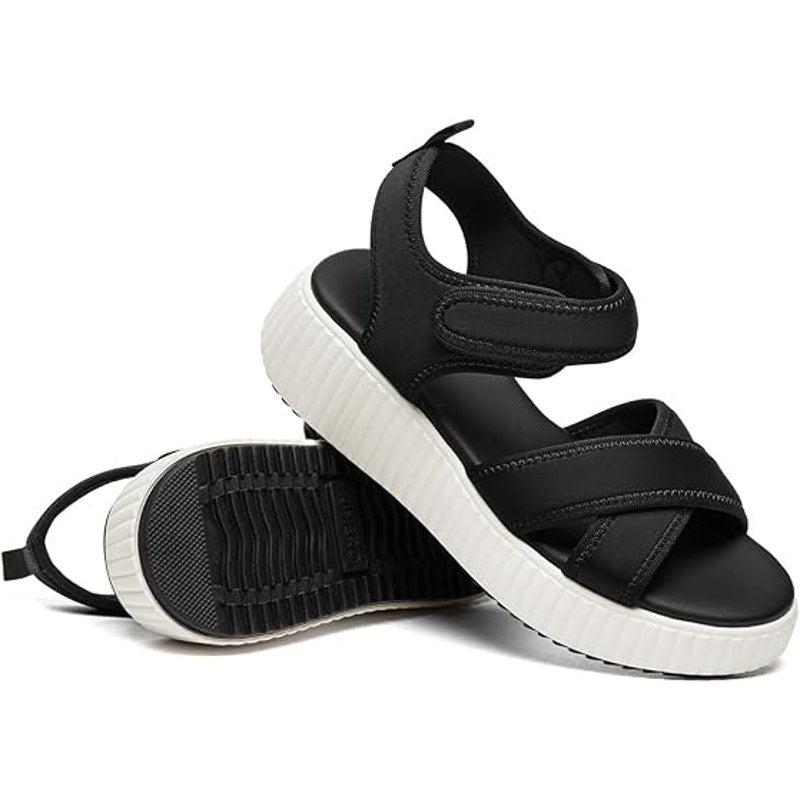 New Rihero Womens 9.5 Black White Hook Loop Strap Comfort Platform Sandal Shoes