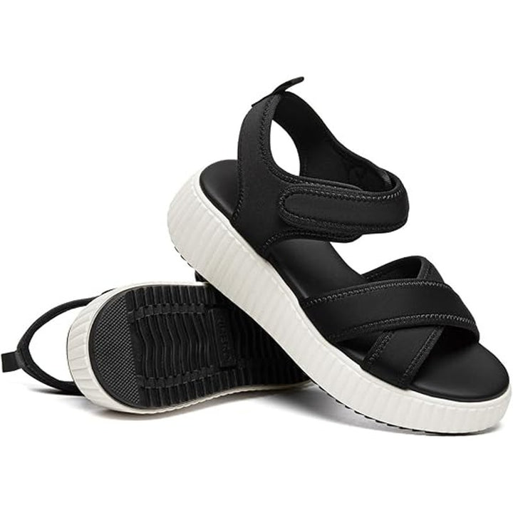 New Rihero Womens 9.5 Black White Hook Loop Strap Comfort Platform Sandal Shoes