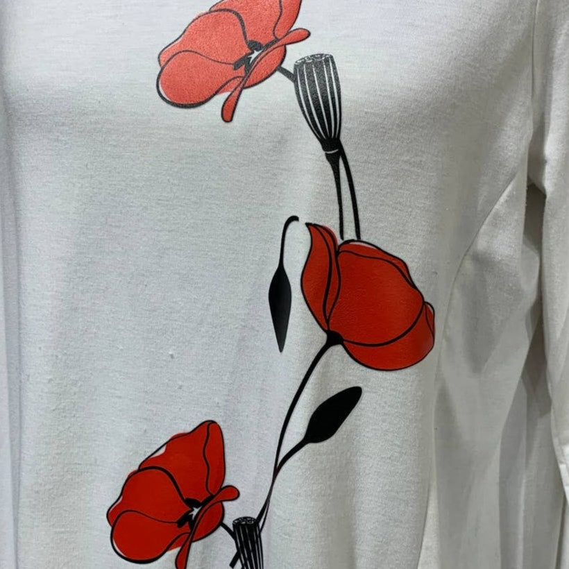 Hand Printed Upcycled Womens Medium Poppy Flower Ruffled Hi-Low T-Shirt Tunic