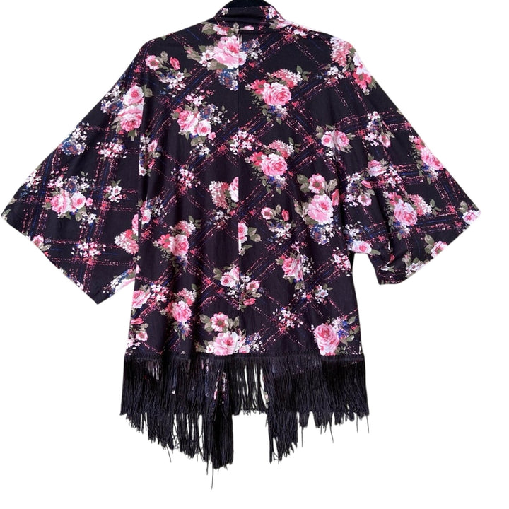 French Laundry Womens Medium Floral Fringe Short Sleeve Open Front Cardigan