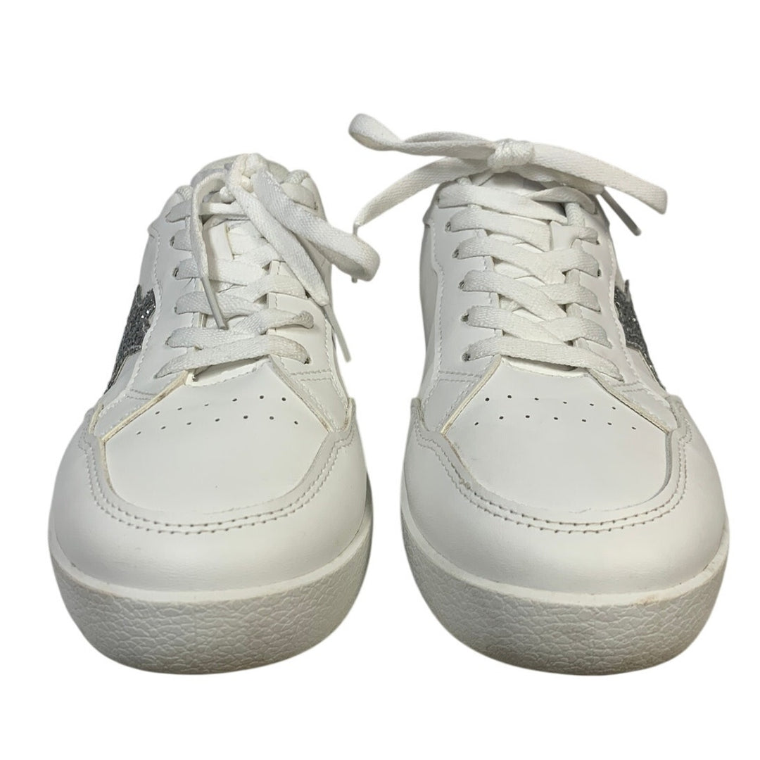 TimeJoy Womens Size 8 White Silver Glitter Sneakers Lace Up Low Top Tennis Shoes