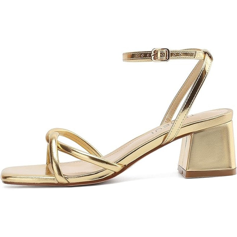 Teaieui Womens 6 Shiny Gold Open Toe 2.5" Block Heel Ankle Strap Sandal Shoes