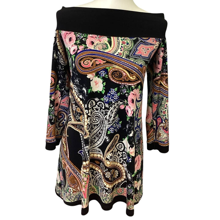 Evo Vorri Womens Medium Long Sleeve Off Shoulder Floral Paisley Short Mod Dress