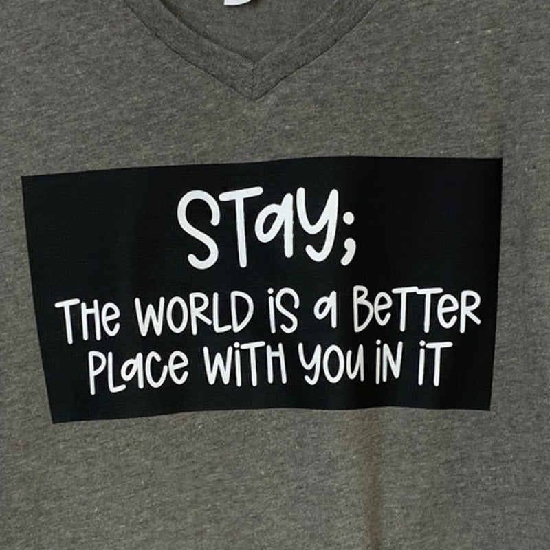 New Upcycled Hand Printed Womens Small VNeck Stay Suicide Prevention Tee Shirt