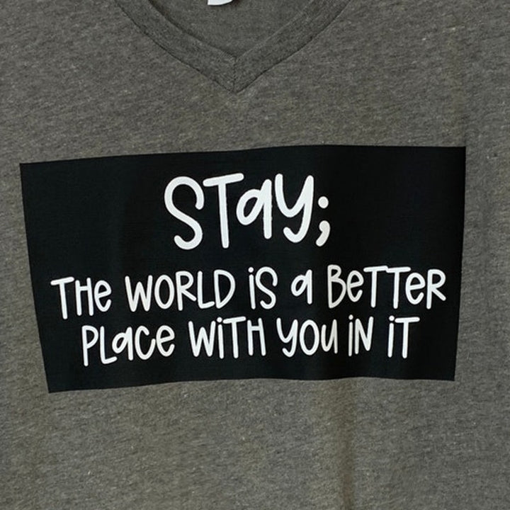 New Upcycled Hand Printed Womens Small VNeck Stay Suicide Prevention Tee Shirt