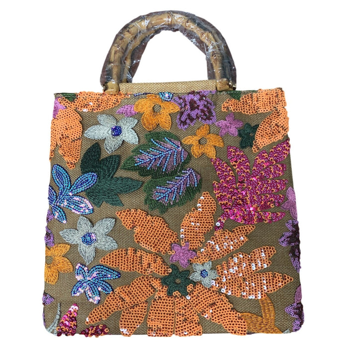 New Double Plastic Handle Sequin Flower Tan Orange Pink Green Magnetic Top Bag