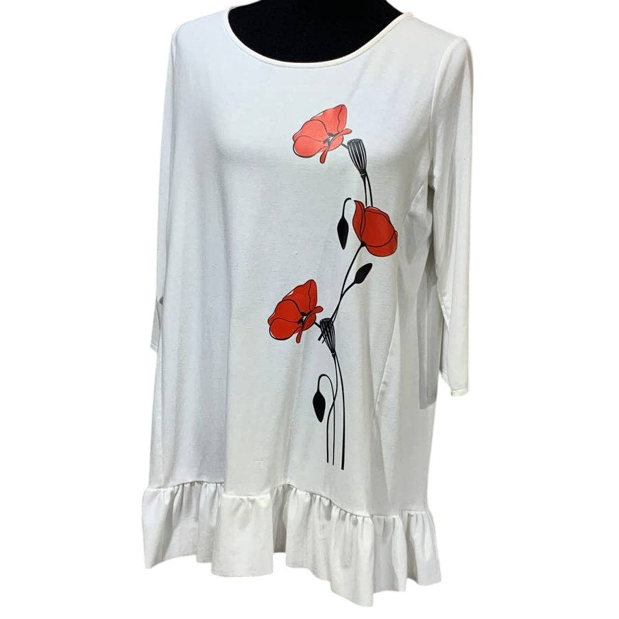 Hand Printed Upcycled Womens Medium Poppy Flower Ruffled Hi-Low T-Shirt Tunic
