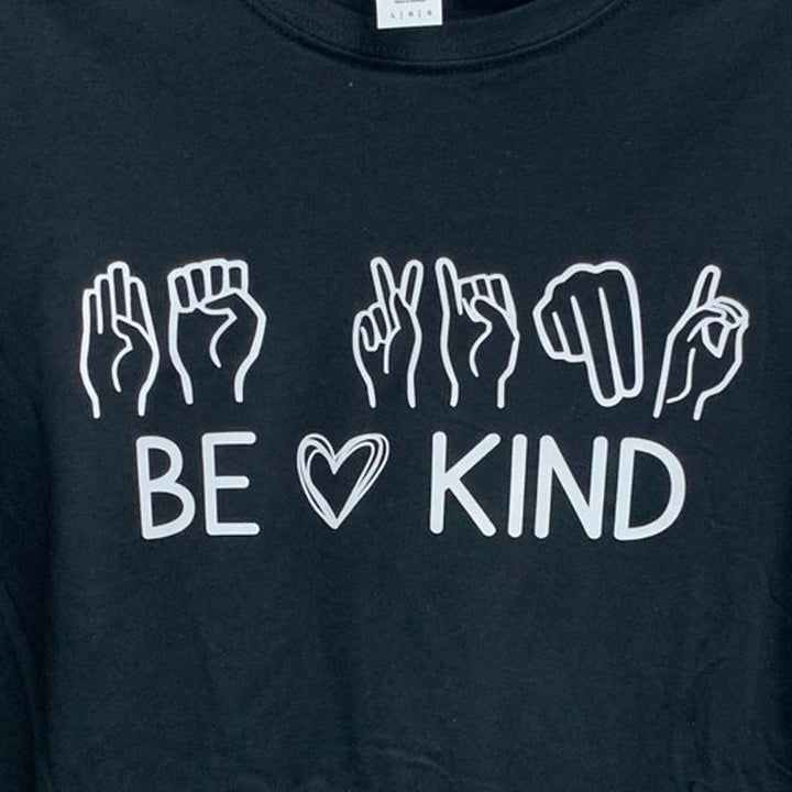 New Hand Printed Womens Large Be Kind ASL Sign Language Long Sleeve Tee Shirt