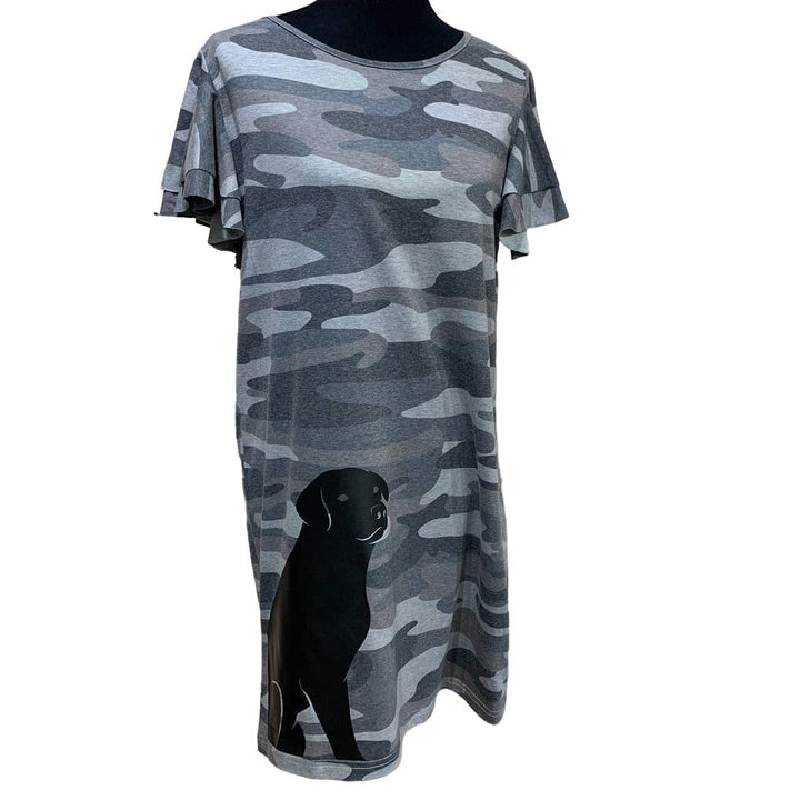 Hand Printed Upcycled Small Black Lab Dog Puppy Camouflage Ruffled T-Shirt Dress