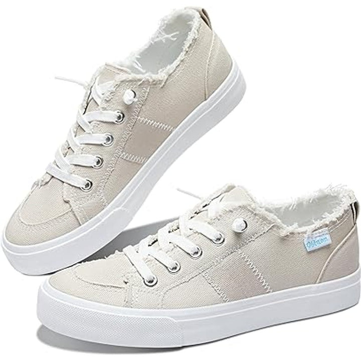 Obtaom Womens Size 7 Tan Lace Up Slip On Natural Canvas Rough Edge Sneaker Shoes