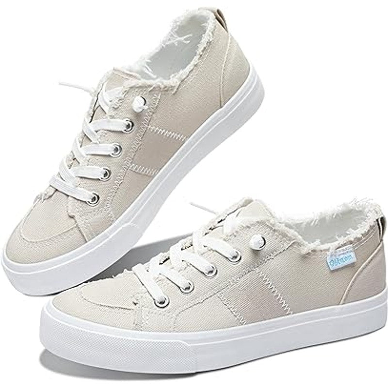 Obtaom Womens Size 7 Tan Lace Up Slip On Natural Canvas Rough Edge Sneaker Shoes