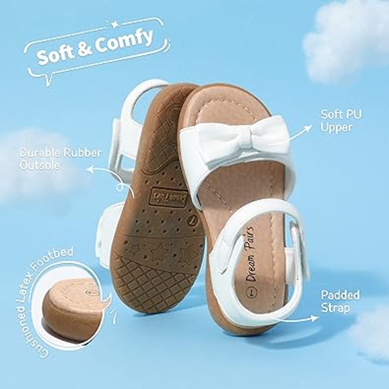 Dream Pairs Toddler Girls Size 8 White Adjustable Hook &amp; Loop Bow Sandals Shoes