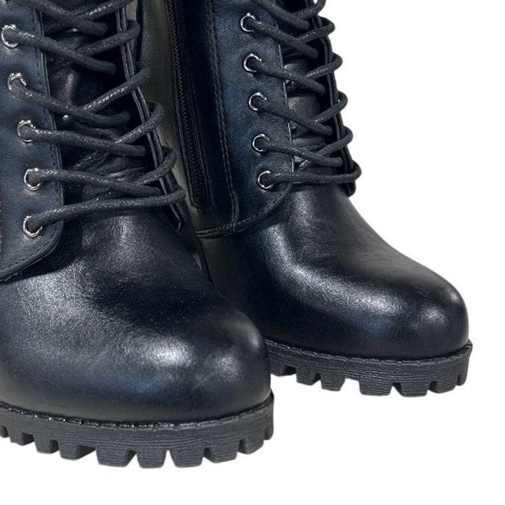 Dream Pairs Womens 7 Black Faux Leather Combat Chunky Heel Lace Up Ankle Boots