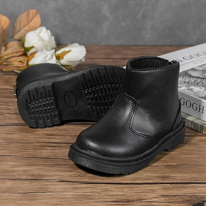 Miamooi Toddler Girls Size 5.5 Black Boots Faux Leather Round Toe Back Zip Shoes