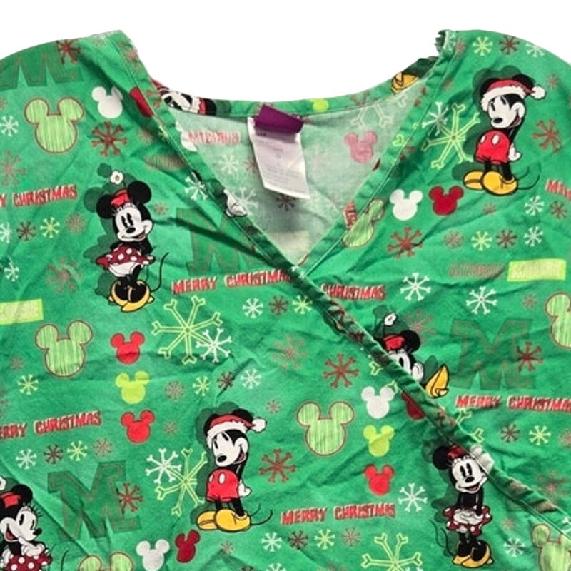 Disney Womens Large 100% Cotton Mickey &amp; Minnie Merry Christmas Scrub Top