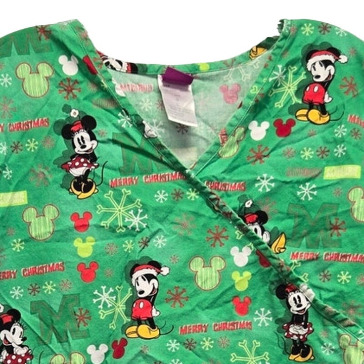 Disney Womens Large 100% Cotton Mickey &amp; Minnie Merry Christmas Scrub Top