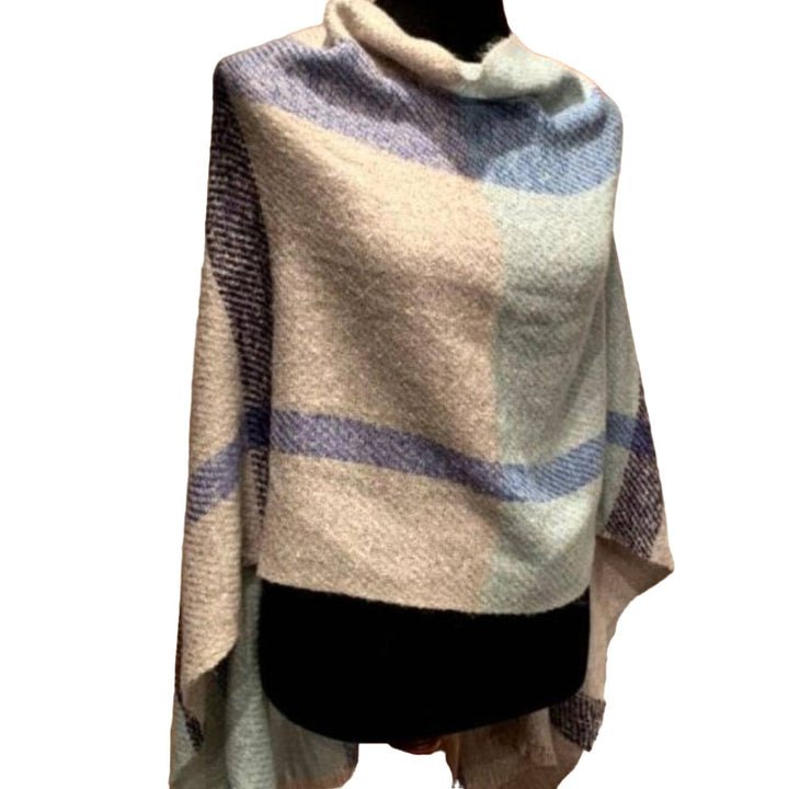 Handmade Upcycled 100% Acrylic Blue White Plaid Warm Fringed Poncho Wrap