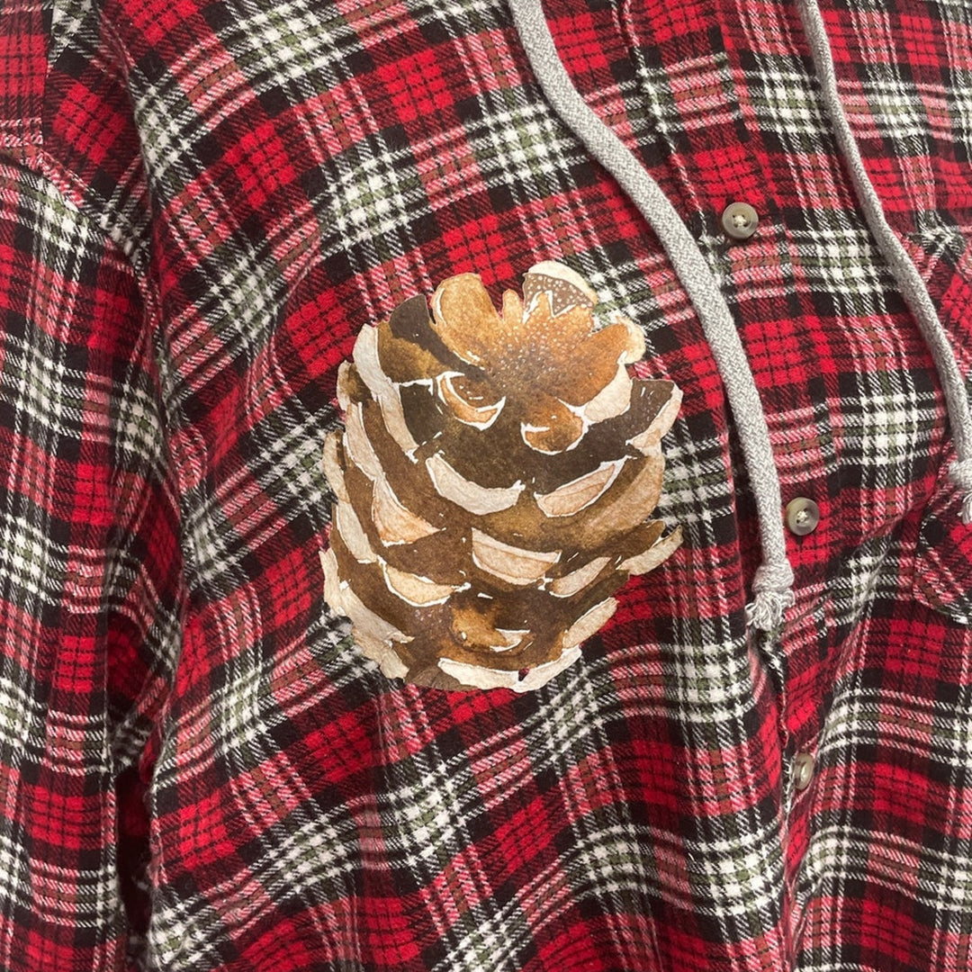 New Hand Printed Womens 3XL Rustic Pine Cone Long Sleeve Plaid Flannel Hoodie