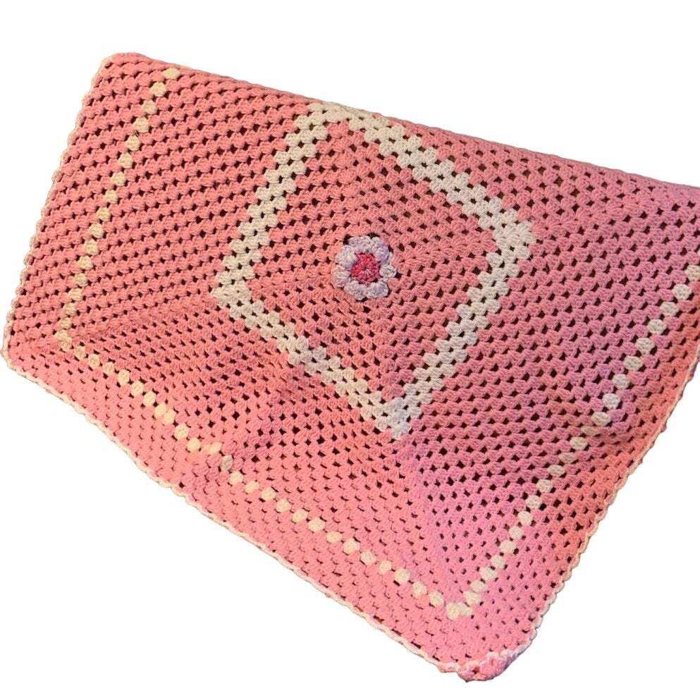 Handmade Pre-Loved Pastel Pink White Crocheted Baby Blanket Afghan Throw