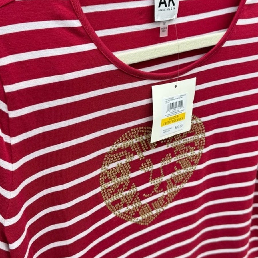 NWT New Anne Klein Womens Medium Striped Rhinestone Heart Long Sleeve Top