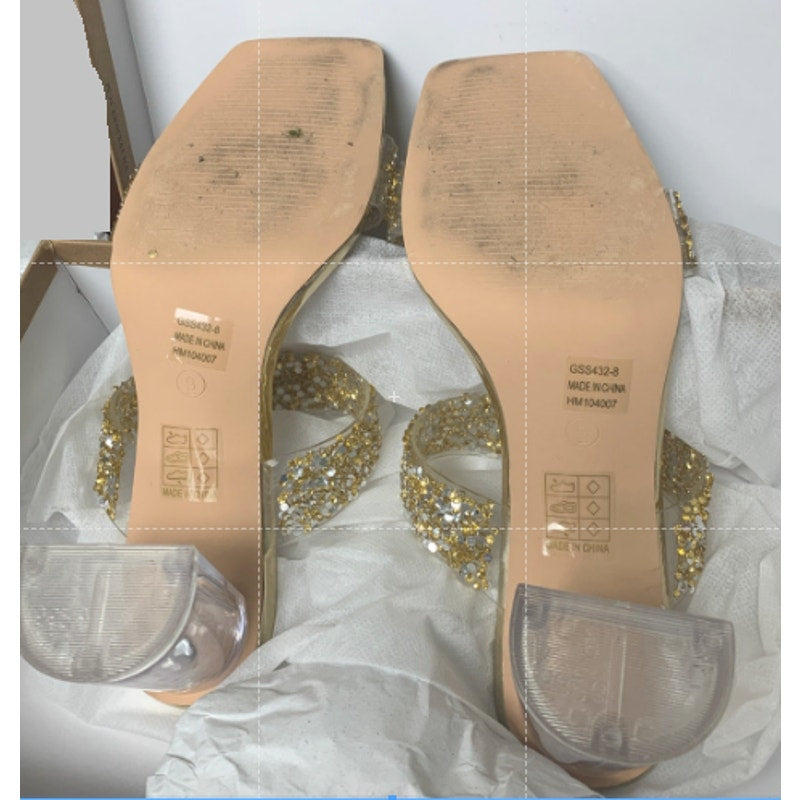 Genshuo Womens Size 9 Gold Silver Sparkle Clear 3.5" Heel Silde On OpenToe Shoes