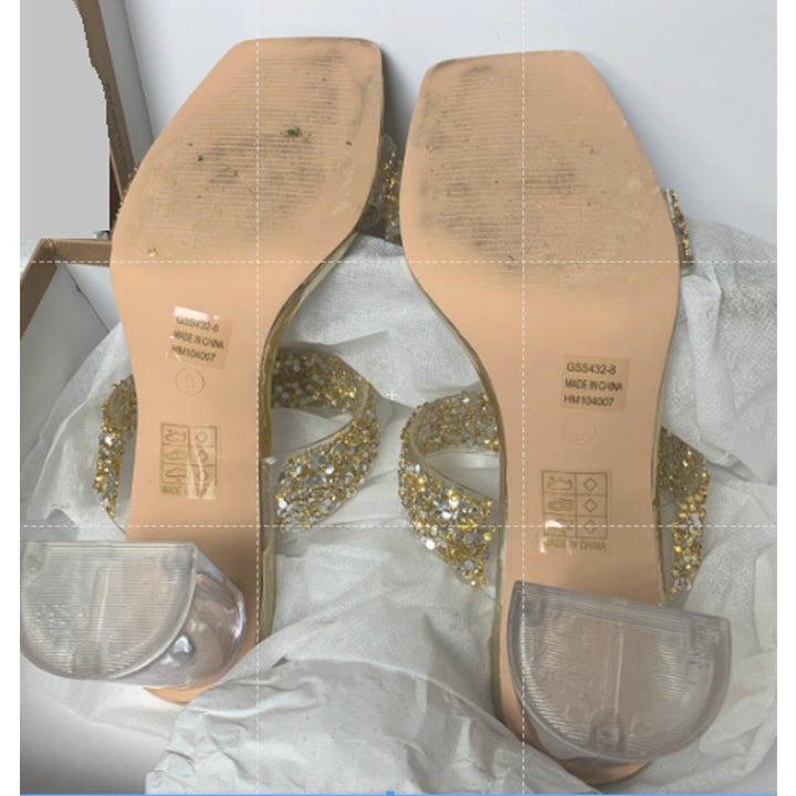 Genshuo Womens Size 9 Gold Silver Sparkle Clear 3.5" Heel Silde On OpenToe Shoes