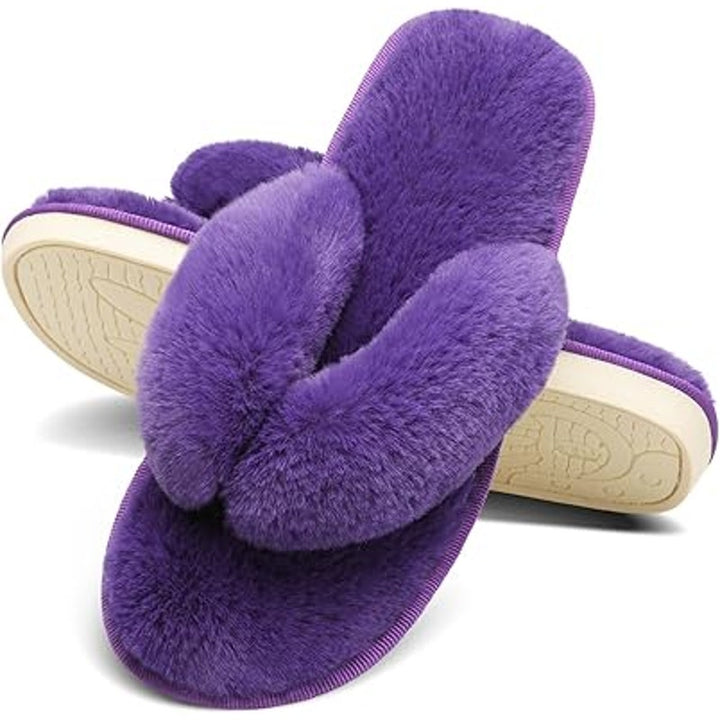 Joinfree Womens Large 9.5 Purple Fuzzy Thong Open Toe Flip Flop Slippers Shoes