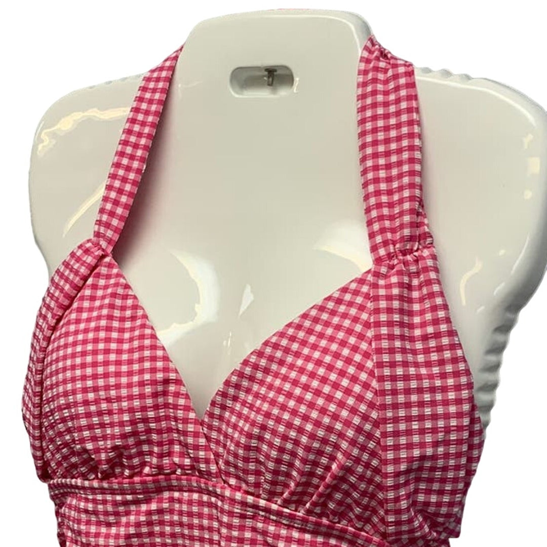 New Draper James Womens Retro Mod Small Pink Gingham Check One Piece Swim Suit