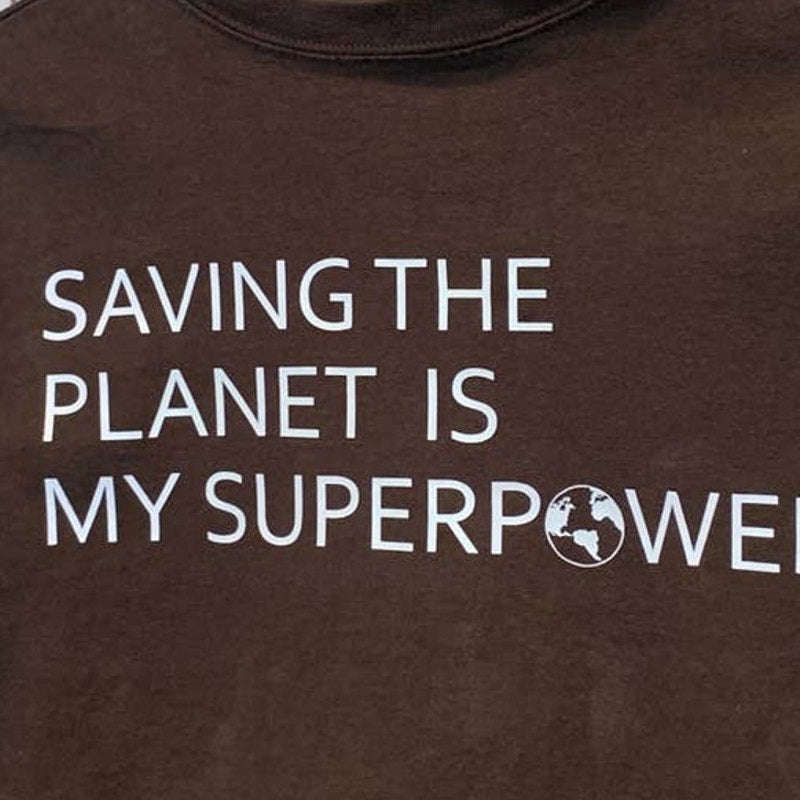 Hand Printed Upcycled Kids Medium Saving the Planet is My Superpower Tee