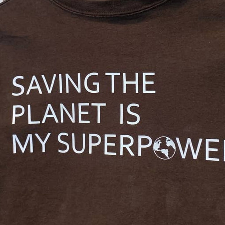 Hand Printed Upcycled Kids Medium Saving the Planet is My Superpower Tee