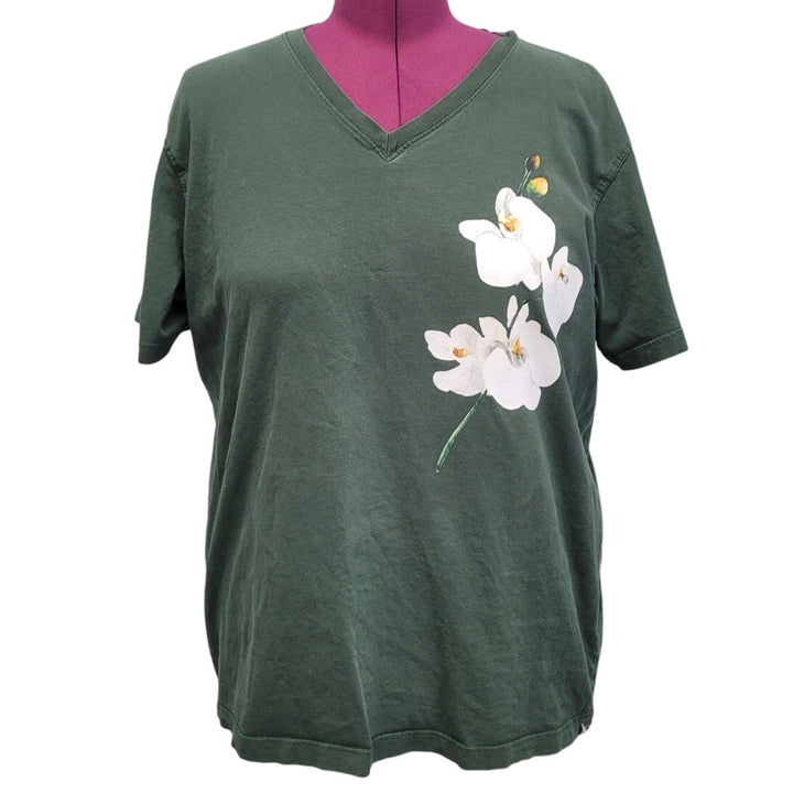 Hand Printed Upcycled Womens 2XL Orchid Flower Short Sleeve VNeck Tee Shirt