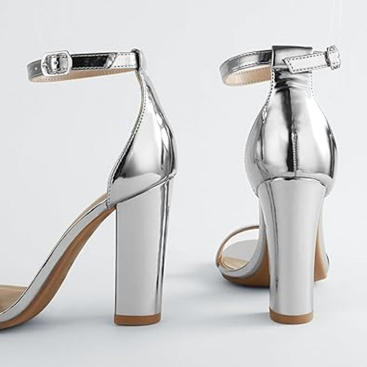 Ankis Womens Size 6.5 Shiny Silver Ankle Strap 4" Chunky Heels Open Toe Shoes
