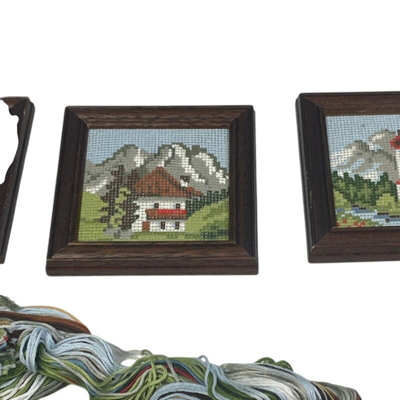 Vintage Counted Cross Stitch Unmade Mountain Houses Craft Kit w Instructions