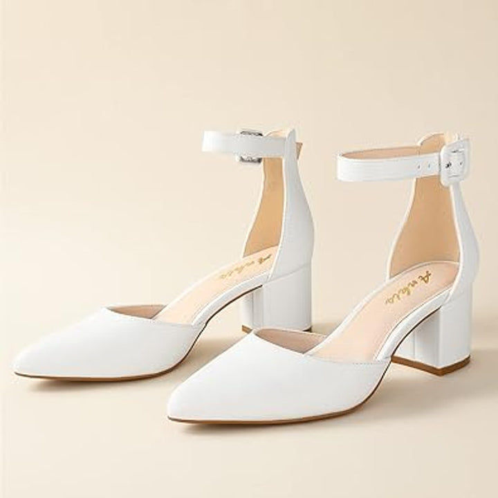 Boxed Ankis Womens 7.5 White Closed Toe Ankle Strap Low Block Chunky Heels Pumps