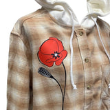 New Hand Printed Womens XL Red Poppy Flower Long Sleeve Plaid Flannel Hoodie