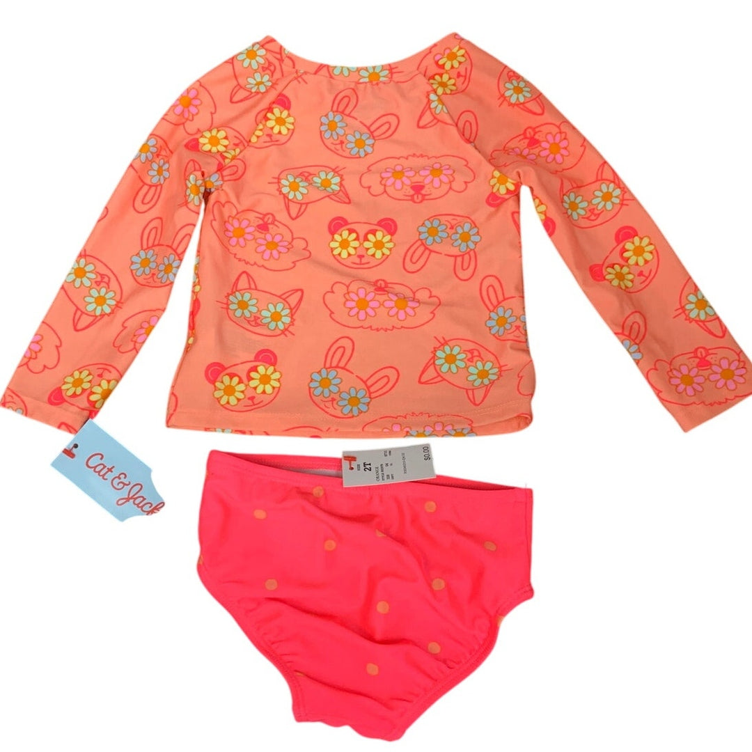 New Cat &amp; Jack Girls 2T UPF 50+ Orange Floral Long Sleeve Bikini 2PC Swimsuit