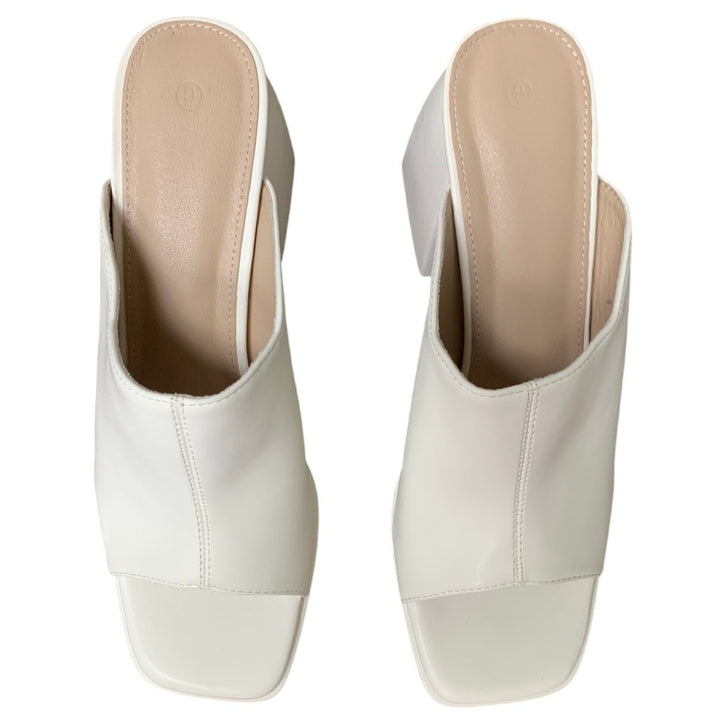 Womens Size 9 White Faux Leather 4" Platform Block Heel Open Toe Slide On Shoes