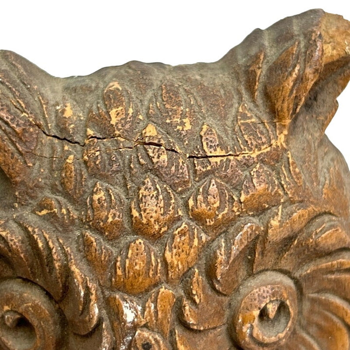 Vintage Carved Wooden Owl on Tree Branch Bookends w Chipped Ear Crack