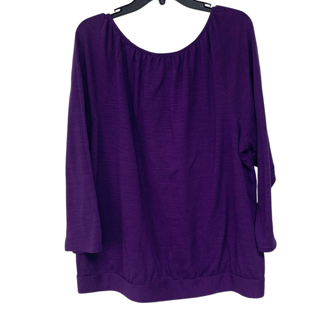 Upcycled Hand Printed Womens 2X Hydrangea Floral Long Sleeve Purple Tee Shirt