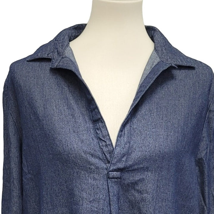 New For Cynthia Womens Large 100% Cotton Denim Bell Sleeve Deep V Hi Low Blouse
