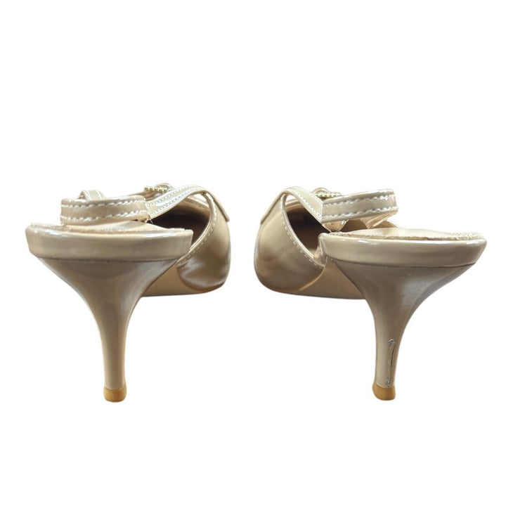 ZBY Womens Size 7.5 Tan Faux Leather Slingback 3" Heel Closed Toe Buckle Shoes