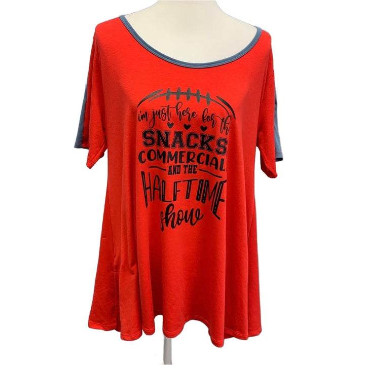 Hand Printed Upcycled Women Large Superbowl Snacks Commercials Halftime Show Tee