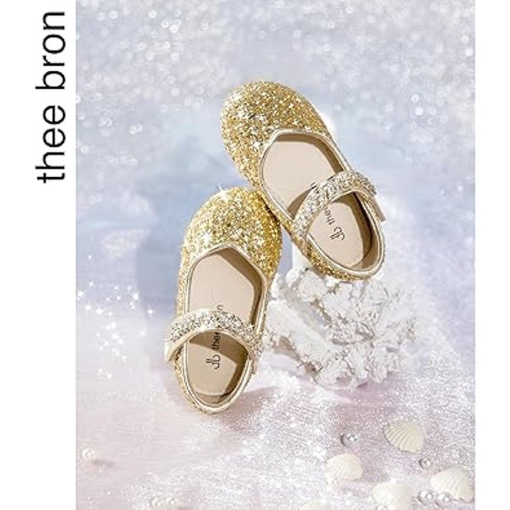 Thee Bron Toddler Girls Size 7 Gold Sequin Hook Loop Mary Jane Dress Up Shoes