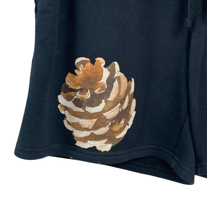 Upcycled Hand Printed Womens Medium Rustic Pinecone Drawstring Waist Shorts