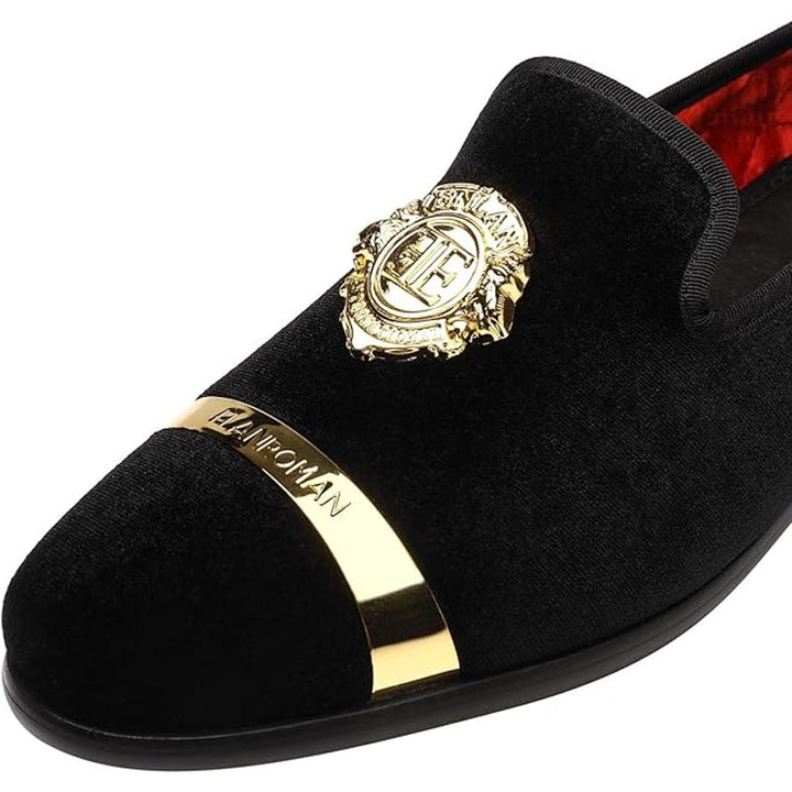 Elanroman Mens Size 9 Black Velvet Gold Slip On Low Heel Loafers Formal Shoes